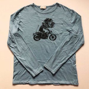 Zara Boys Collection blue-gray tee, lion on vintage motorcycle graphic, 13/14